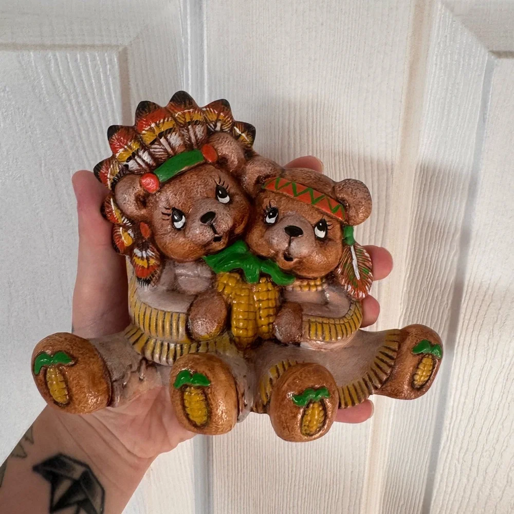 Vintage Hand Painted Ceramic Thanksgiving Teddy Bears Native American Figurine